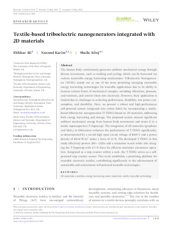 Textile‐based triboelectric nanogenerators integrated with 2D materials Thumbnail