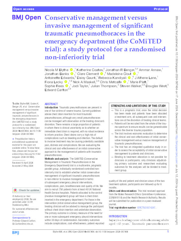 Conservative management versus invasive management of significant traumatic pneumothoraces in the emergency department (the CoMiTED trial): A study protocol for a randomised non-inferiority trial Thumbnail