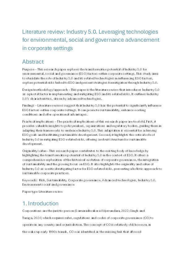 Literature review: Industry 5.0. Leveraging technologies for environmental, social and governance advancement in corporate settings Thumbnail