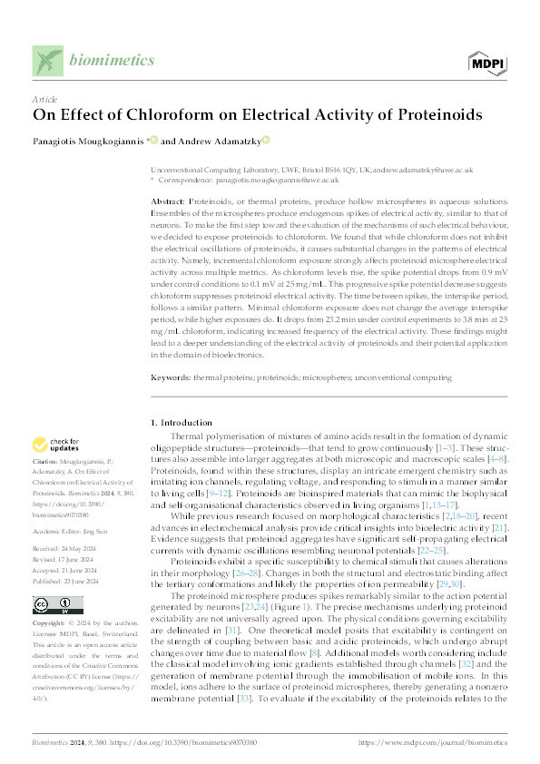On effect of chloroform on electrical activity of proteinoids Thumbnail