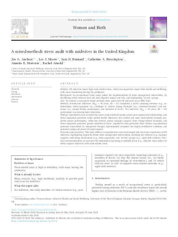 A mixed-methods stress audit with midwives in the United Kingdom Thumbnail