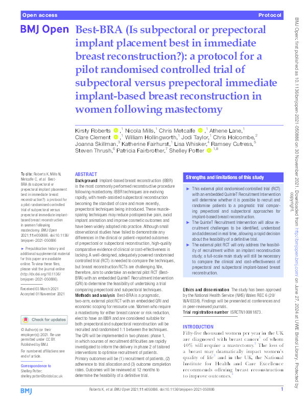 Best-BRA (Is subpectoral or prepectoral implant placement best in immediate breast reconstruction?): A protocol for a pilot randomised controlled trial of subpectoral versus prepectoral immediate implant-based breast reconstruction in women following mastectomy Thumbnail