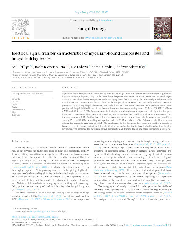 Electrical signal transfer characteristics of mycelium-bound composites and fungal fruiting bodies Thumbnail