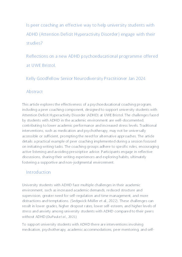 Is peer coaching an effective way to help university students with ADHD (Attention Deficit Hyperactivity Disorder) engage with their studies? Reflections on a new ADHD psychoeducational programme offered at UWE Bristol Thumbnail