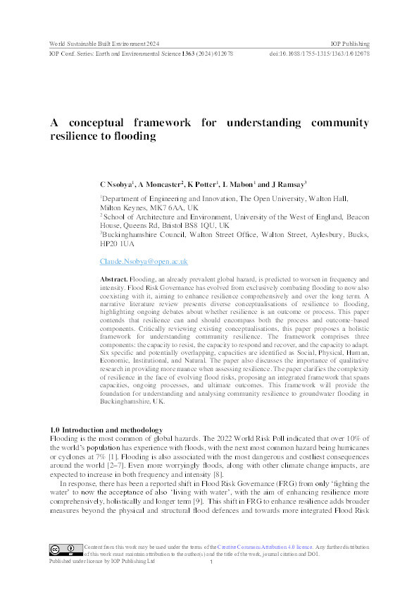 A conceptual framework for understanding community resilience to flooding Thumbnail