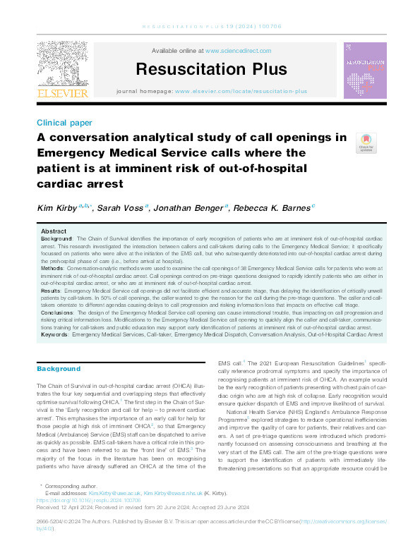 A conversation analytical study of call openings in Emergency Medical Service calls where the patient is at imminent risk of out-of-hospital cardiac arrest Thumbnail