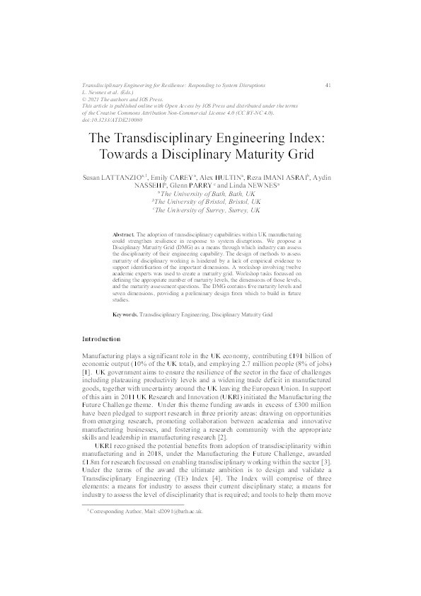 The transdisciplinary engineering index: Towards a disciplinary maturity grid Thumbnail