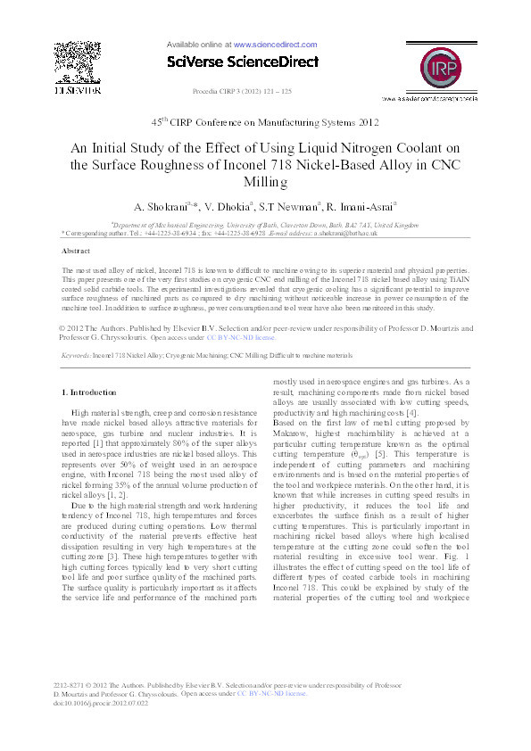 An initial study of the effect of using liquid nitrogen coolant on the surface roughness of inconel 718 nickel-based alloy in CNC milling Thumbnail