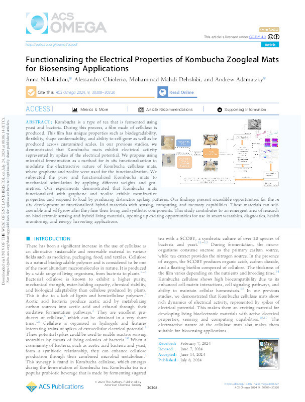 Functionalizing the electrical properties of kombucha zoogleal mats for biosensing applications Thumbnail