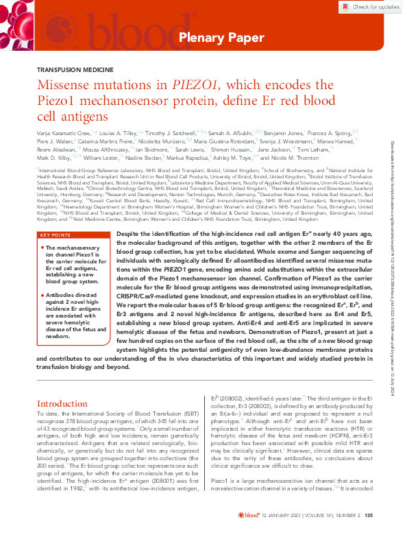 Missense mutations in PIEZO1, which encodes the Piezo1 mechanosensor protein, define Er red blood cell antigens Thumbnail