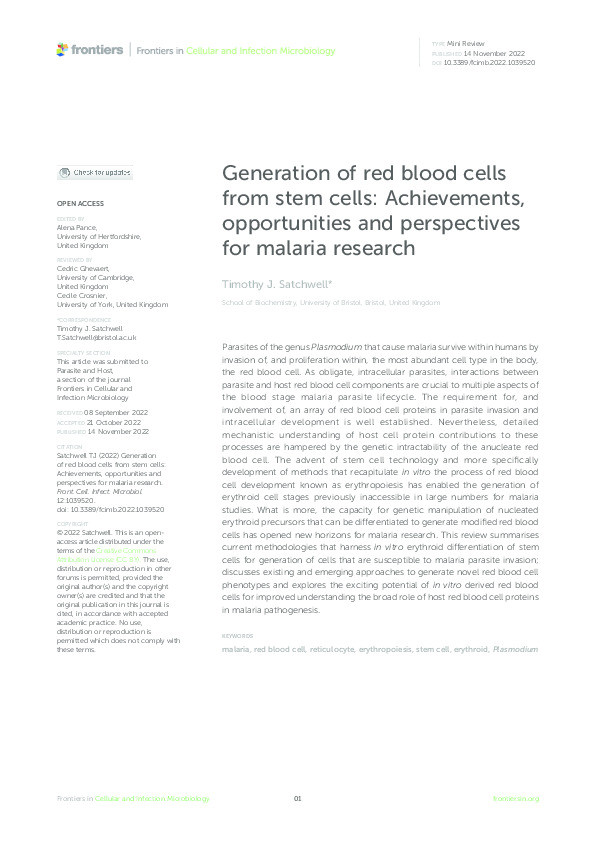 Generation of red blood cells from stem cells: Achievements, opportunities and perspectives for malaria research Thumbnail
