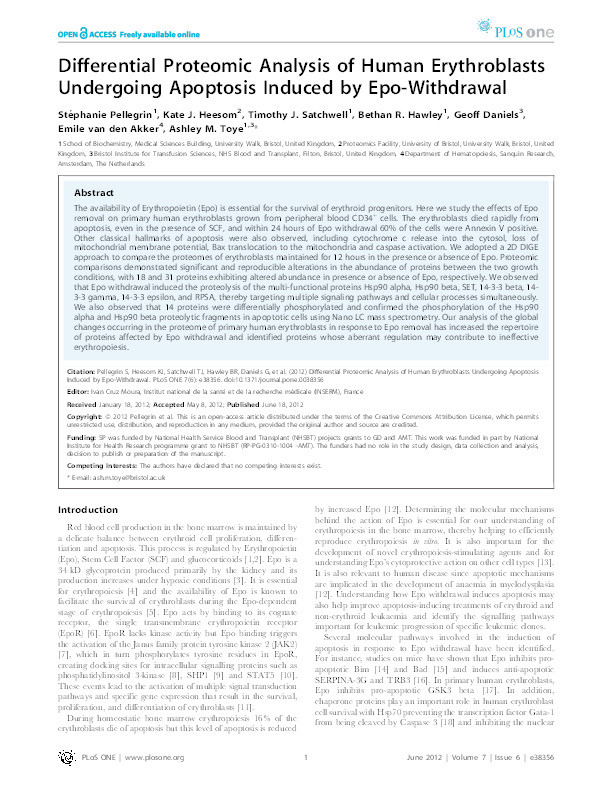 Differential proteomic analysis of human erythroblasts undergoing apoptosis induced by Epo-withdrawal Thumbnail