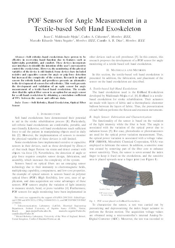 POF sensor for angle measurement in a textile-based soft hand exoskeleton Thumbnail