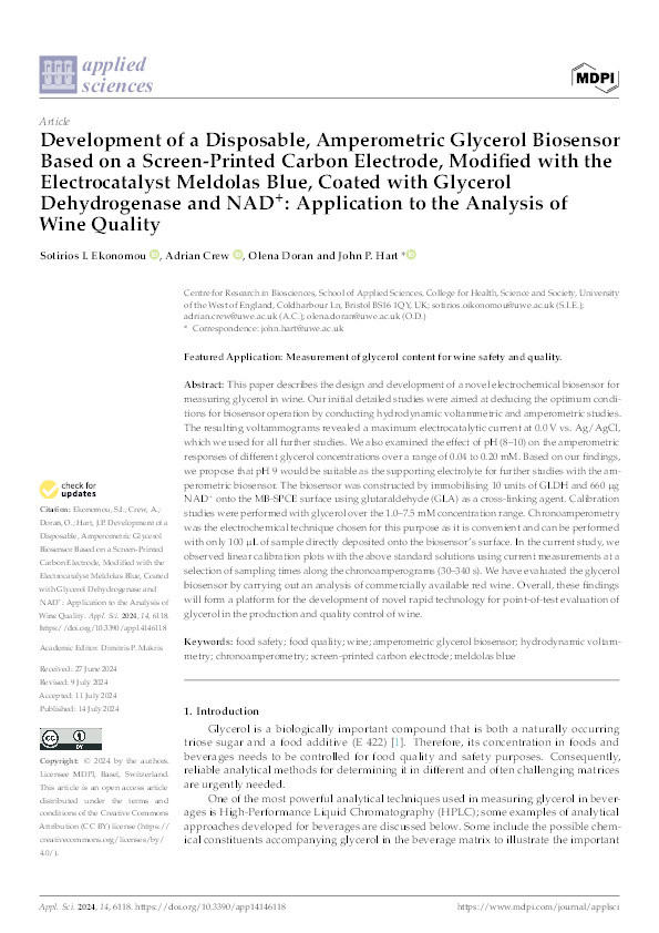 Development of a disposable, amperometric glycerol biosensor based on a screen-printed carbon electrode, modified with the electrocatalyst meldolas blue, coated with glycerol dehydrogenase and NAD+: Application to the analysis of wine quality Thumbnail