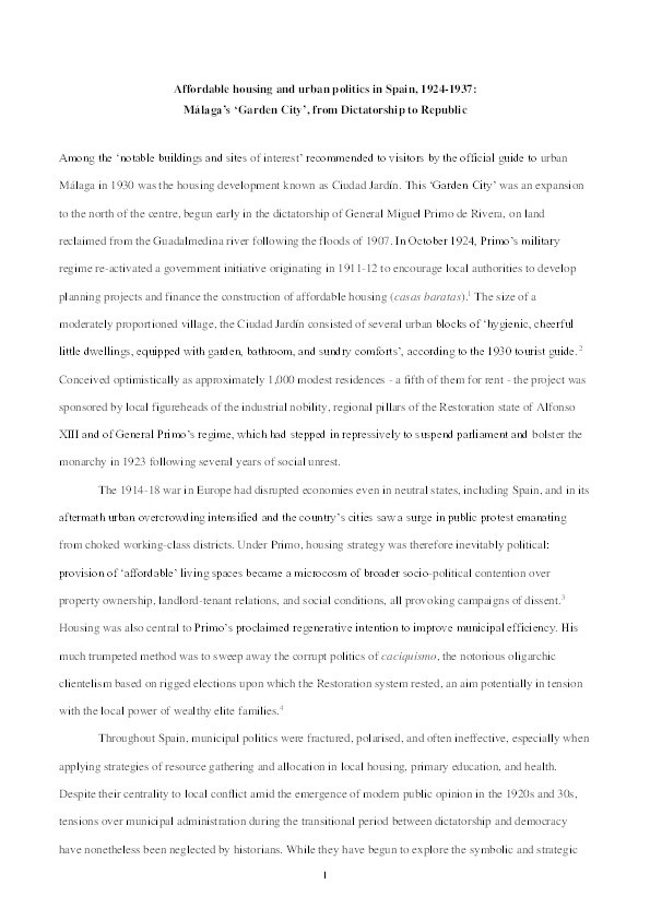 Affordable housing and urban politics in Spain, 1924-1937: Málaga’s ‘Garden City’, from Dictatorship to Republic Thumbnail