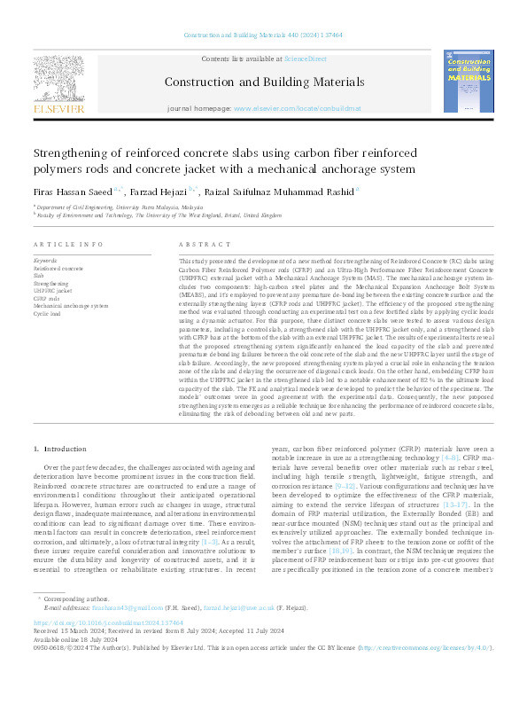 Strengthening of reinforced concrete slabs using carbon fiber reinforced polymers rods and concrete jacket with a mechanical anchorage system Thumbnail