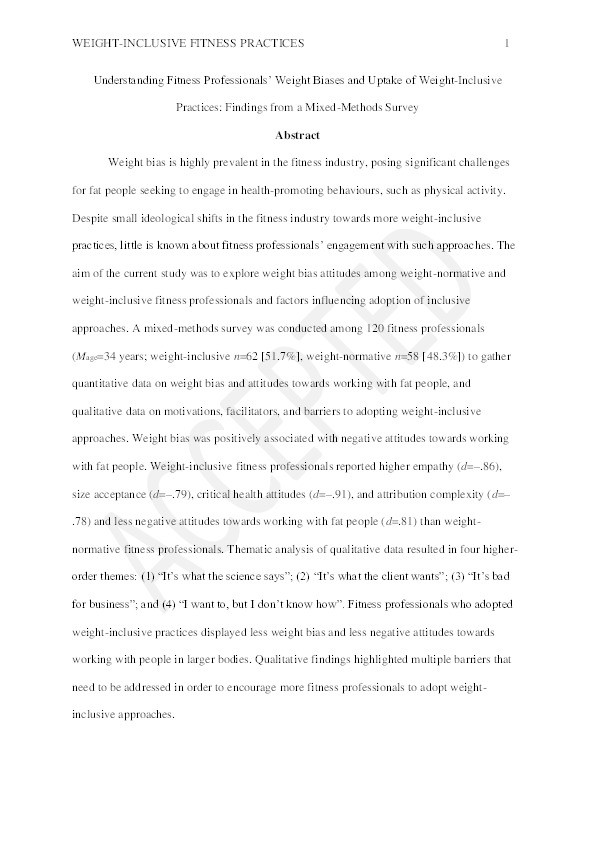 Understanding fitness professionals’ weight biases and uptake of weight-inclusive practices: Findings from a mixed-methods survey Thumbnail