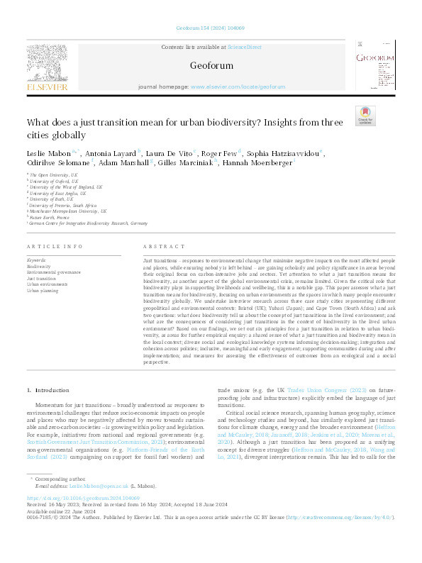 What does a just transition mean for urban biodiversity? Insights from three cities globally Thumbnail