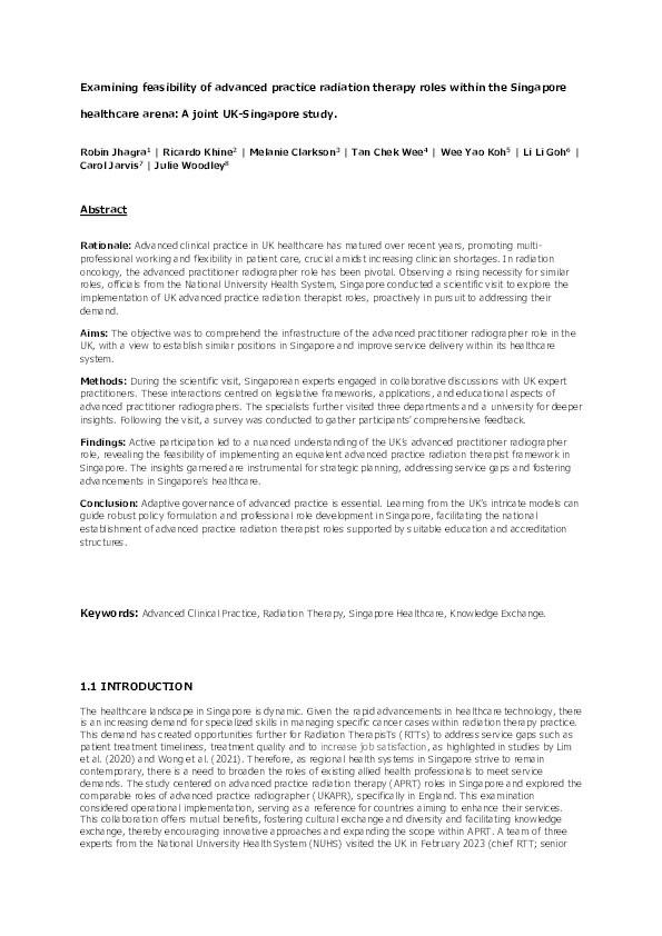 Examining the feasibility of advanced practice radiation therapy roles within the Singaporean healthcare arena: A joint UK-Singapore study Thumbnail