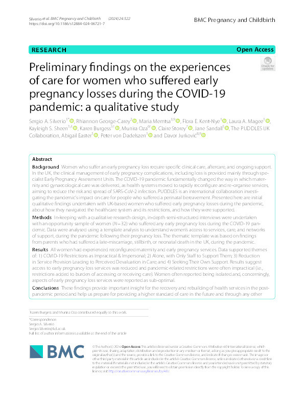 Preliminary findings on the experiences of care for women who suffered early pregnancy losses during the COVID-19 pandemic: A qualitative study Thumbnail