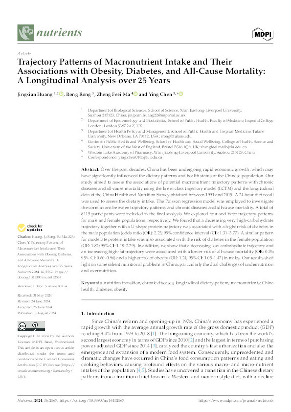 Trajectory patterns of macronutrient intake and their associations with obesity, diabetes, and all-cause mortality: A longitudinal analysis over 25 years Thumbnail