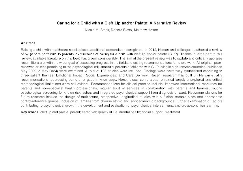 Caring for a child with a cleft lip and/or palate: A narrative review Thumbnail