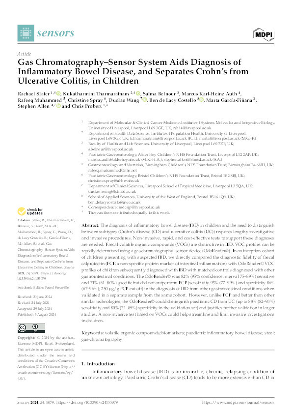 Gas chromatography – Sensor system aids diagnosis of inflammatory bowel disease, and separates Crohn’s from ulcerative colitis, in children Thumbnail