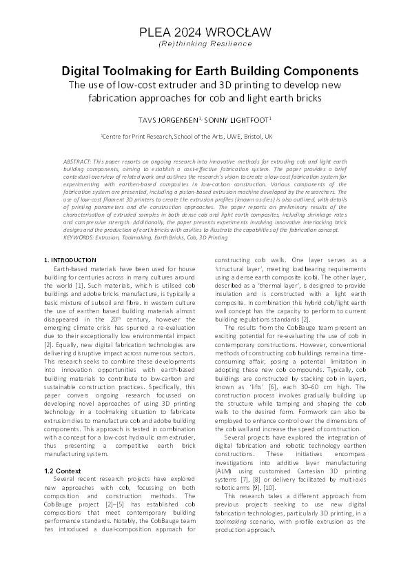 Digital toolmaking for earth building components: The use of low-cost extruder and 3D printing to develop new fabrication approaches for cob and light earth bricks Thumbnail