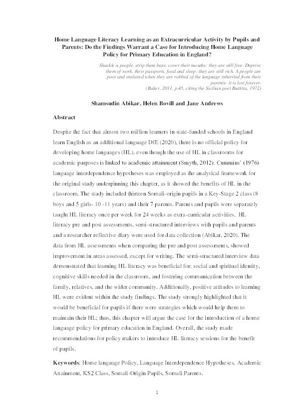 Home language literacy learning as an extracurricular activity by pupils and parents: Do the findings warrant a case for introducing home language policy for primary education in England? Thumbnail