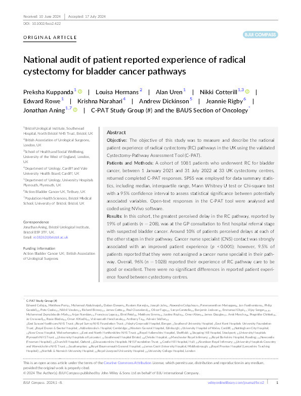 National audit of patient reported experience of radical cystectomy for bladder cancer pathways Thumbnail