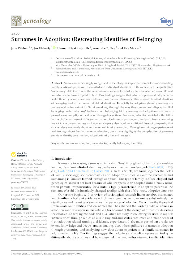 Surnames in adoption: (Re)creating identities of belonging Thumbnail