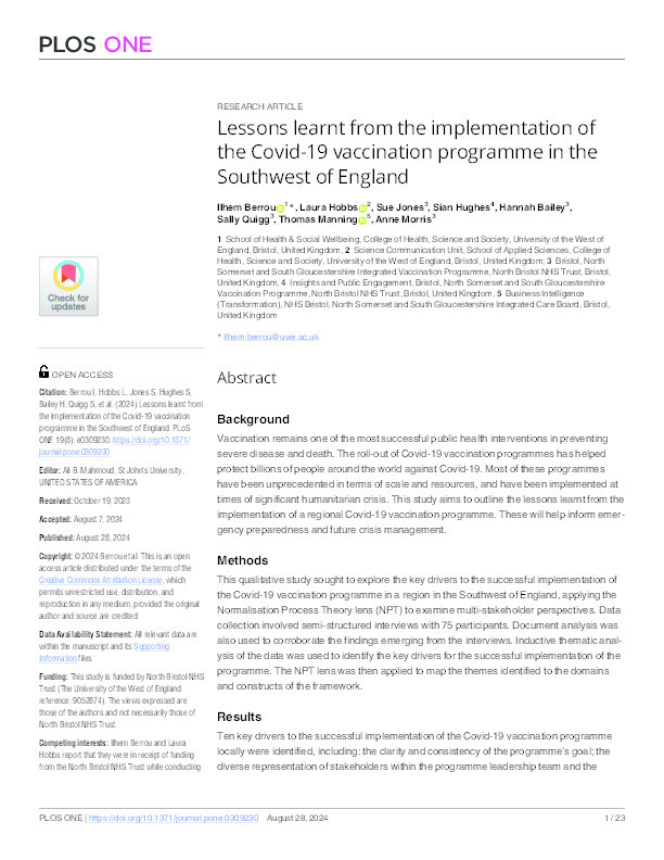 Lessons learnt from the implementation of the Covid-19 vaccination programme in the Southwest of England Thumbnail