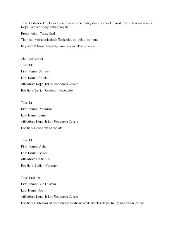 Evidence to inform the regulation and policy development of motorcycle taxi services in Nepal: A secondary data analysis Thumbnail