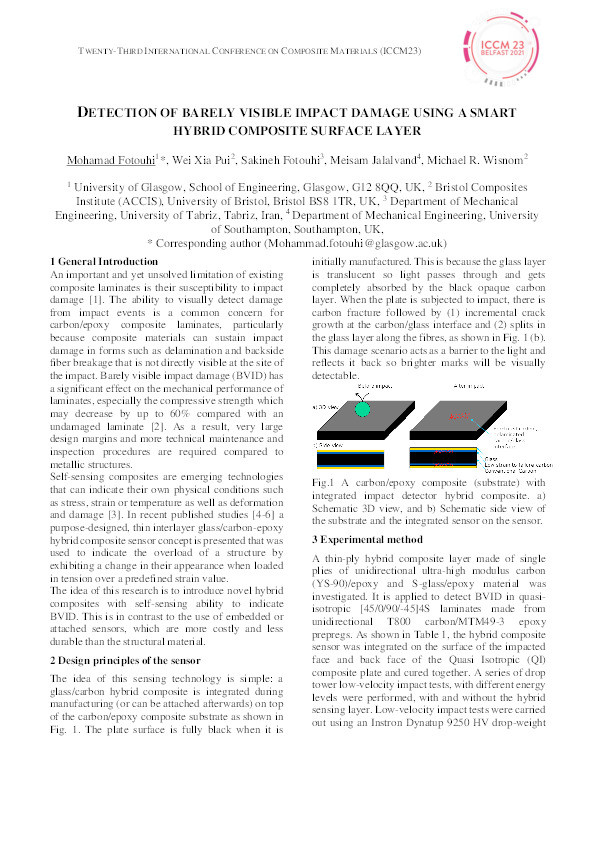 Detection of barely visible impact damage using a smart hybrid composite surface layer Thumbnail