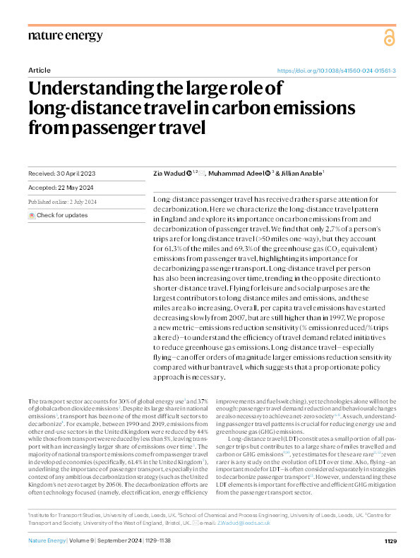 Understanding the large role of long-distance travel in carbon emissions from passenger travel Thumbnail