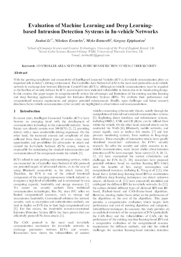 Evaluation of machine learning and deep learning-based intrusion detection systems in in-vehicle networks Thumbnail