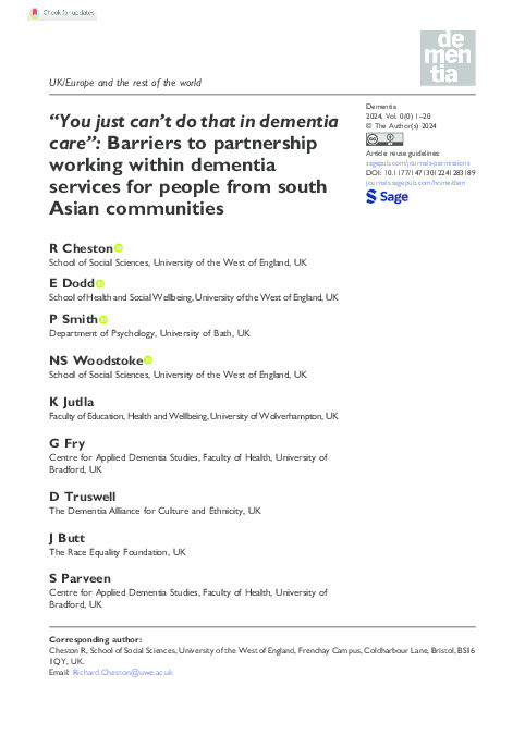 “You just can’t do that in dementia care”: Barriers to partnership working within dementia services for people from South Asian communities Thumbnail