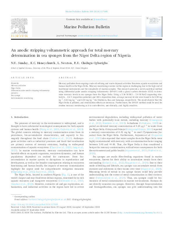 An anodic stripping voltammetric approach for total mercury determination in sea sponges from the Niger Delta region of Nigeria Thumbnail