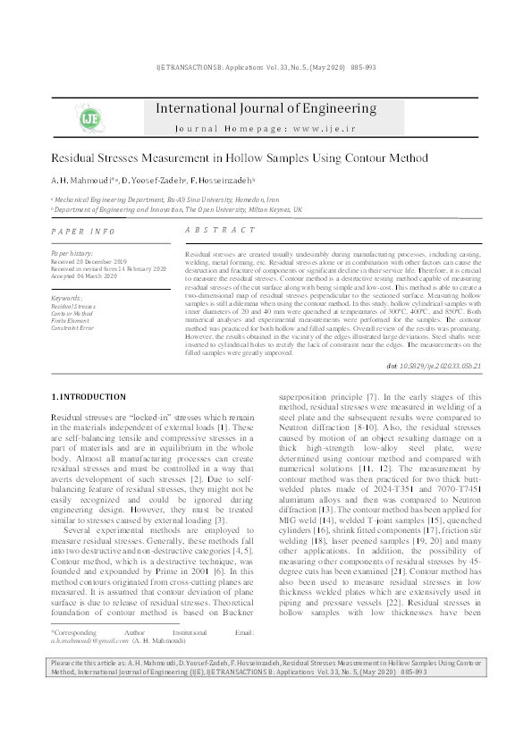 Residual stresses measurement in hollow samples using contour method Thumbnail