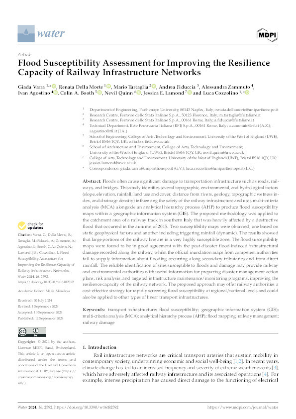 Flood susceptibility assessment for improving the resilience capacity of railway infrastructure networks Thumbnail