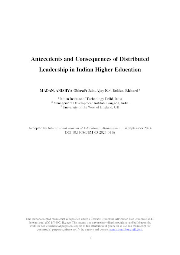 Antecedents and consequences of distributed leadership in Indian higher education Thumbnail