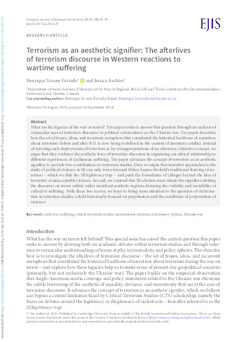 Terrorism as an aesthetic signifier: The afterlives of terrorism discourse in Western reactions to wartime suffering Thumbnail