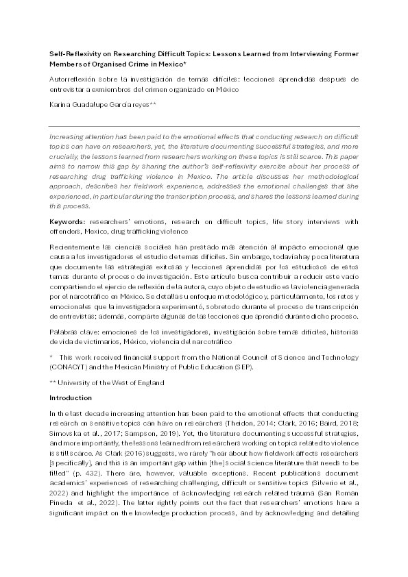 Self-reflexivity on researching difficult topics: Lessons learned from interviewing former members of organised crime in Mexico Thumbnail