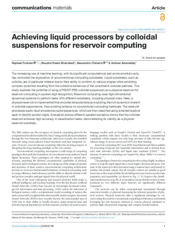 Achieving liquid processors by colloidal suspensions for reservoir computing Thumbnail