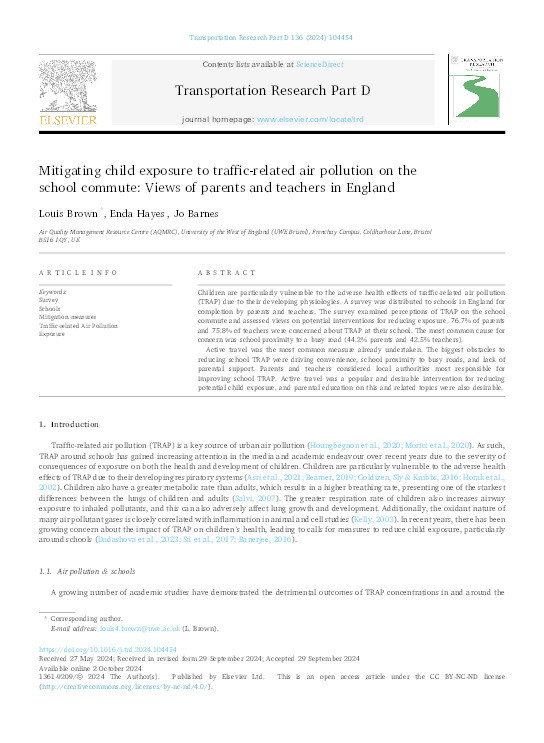 Mitigating child exposure to traffic-related air pollution on the school commute: Views of parents and teachers in England Thumbnail