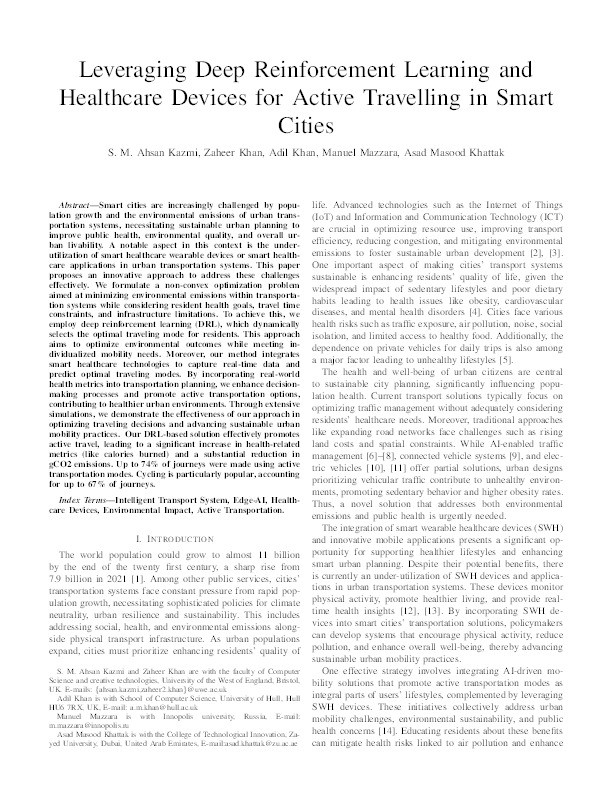 Leveraging deep reinforcement learning and healthcare devices for active travelling in smart cities Thumbnail