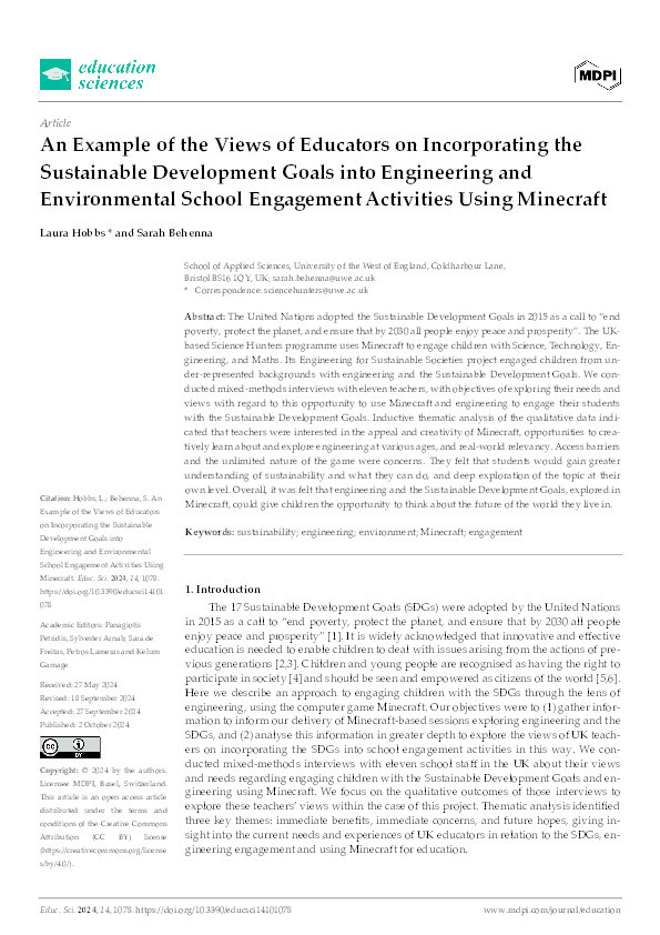 An example of the views of educators on incorporating the sustainable development goals into engineering and environmental school engagement activities using Minecraft Thumbnail