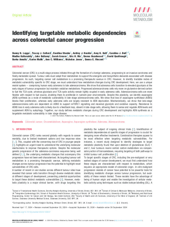 Identifying targetable metabolic dependencies across colorectal cancer progression Thumbnail