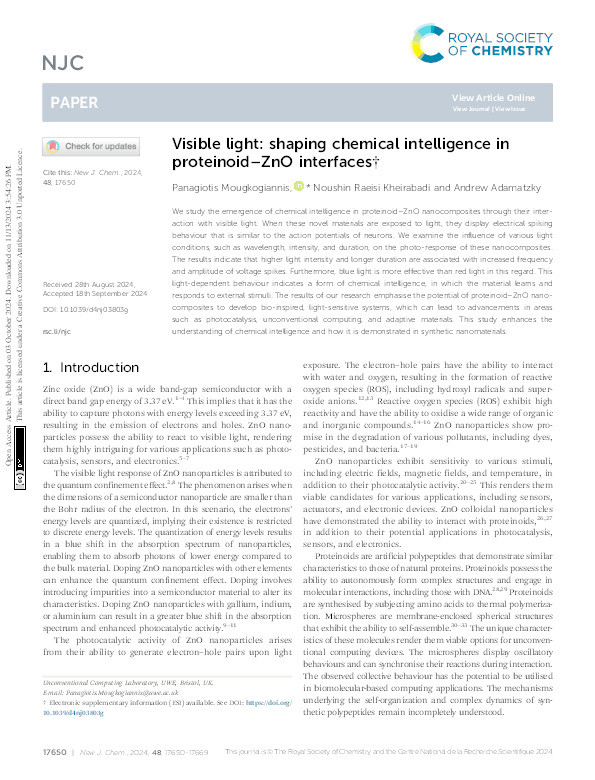 Visible light: Shaping chemical intelligence in proteinoid–ZnO interfaces Thumbnail