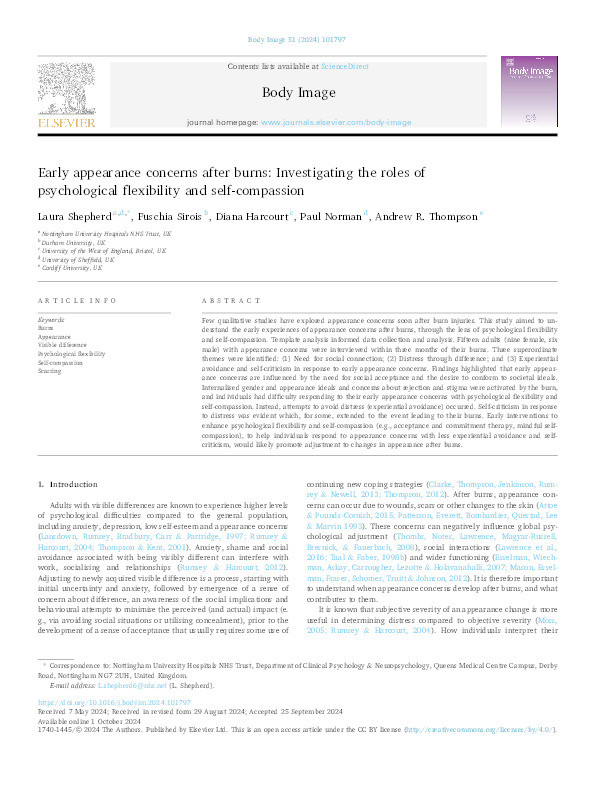 Early appearance concerns after burns: Investigating the roles of psychological flexibility and self-compassion Thumbnail